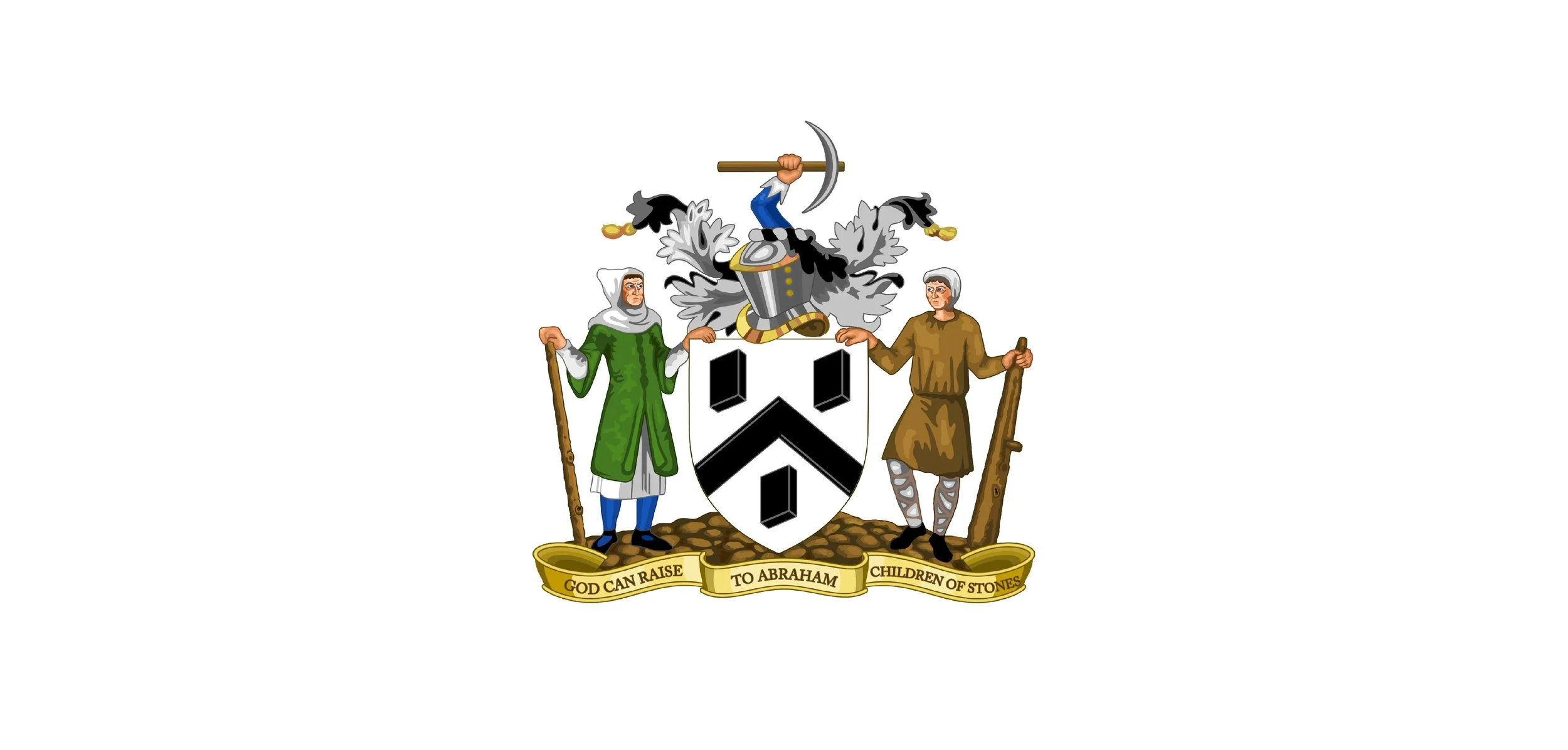 A heraldic coat of arms featuring a shield with black chevron and vertical lines, topped by a crest with a knight holding an axe, flanked by two standing figures holding walking sticks.