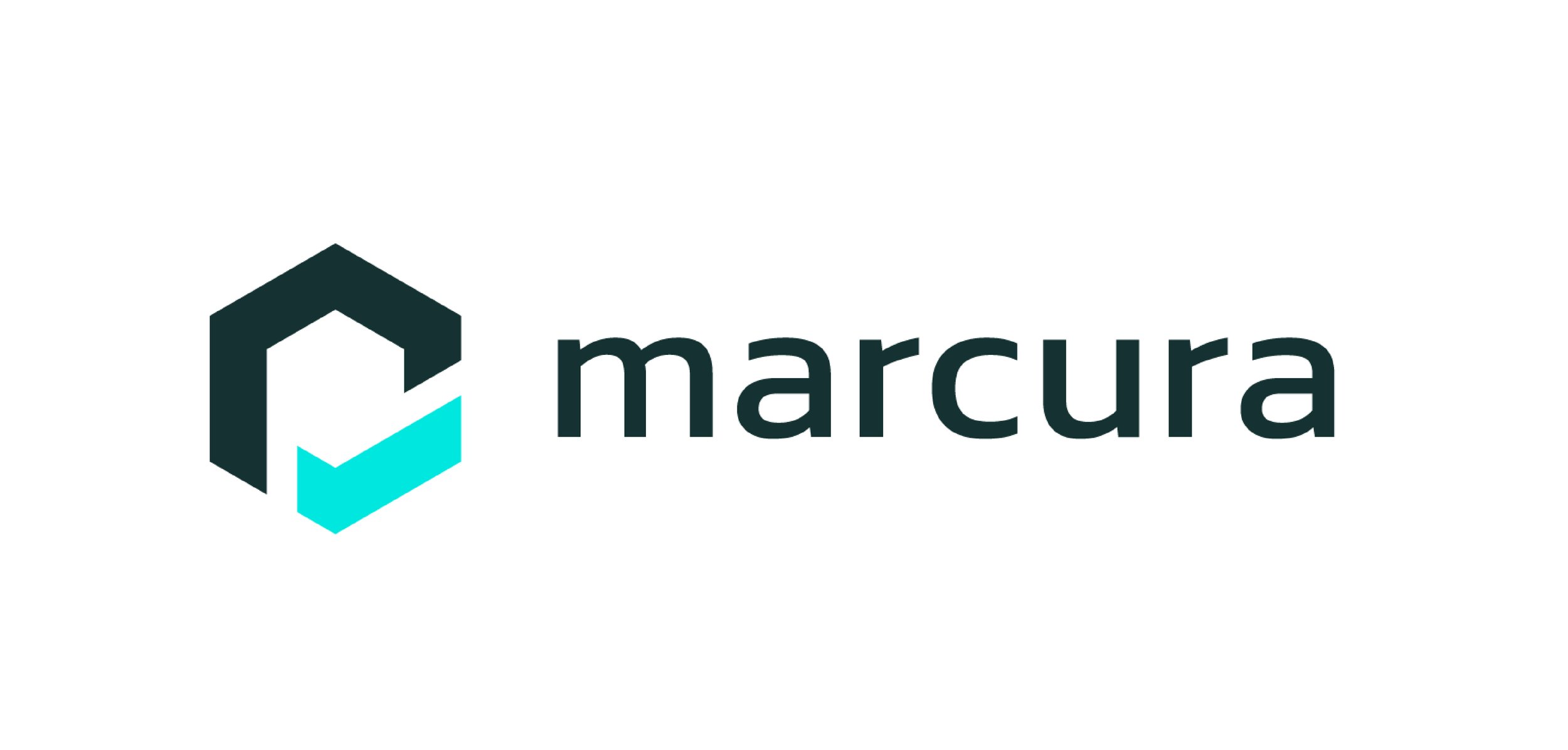 The logo of Marcura features a black and blue hexagonal shape with a stylized letter 'M' inside, accompanied by the text 'marcura' in lowercase letters.