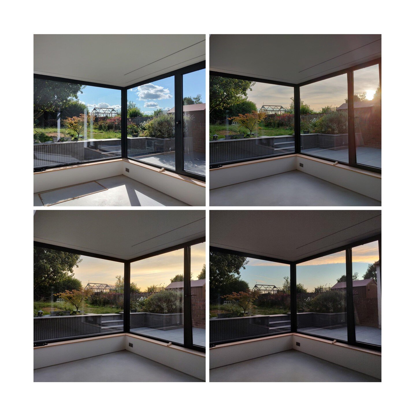 We have recently received some great photos from one of our clients in Sheffield whose project is nearing completion.

They have captured the changing of light as the sun sets from a view within their extension. 

The corner window creates a panorami