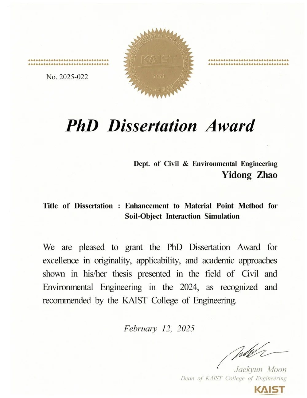 PhD Dissertation Award_Yidong Zhao_Eng.JPG