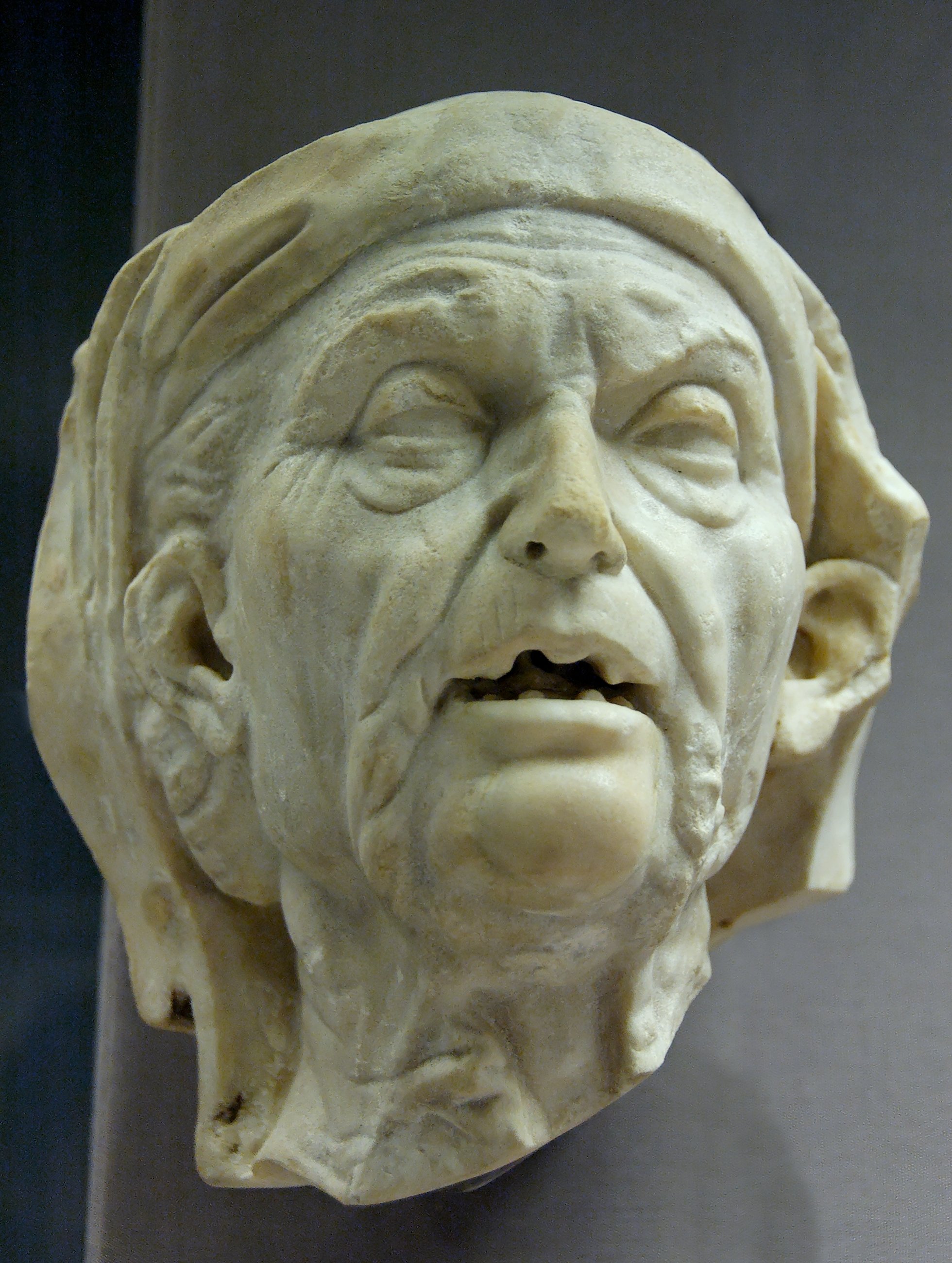 Roman head of an old woman, from a full-size statue; copy of Greek bronze (3rd-2nd c. CE)