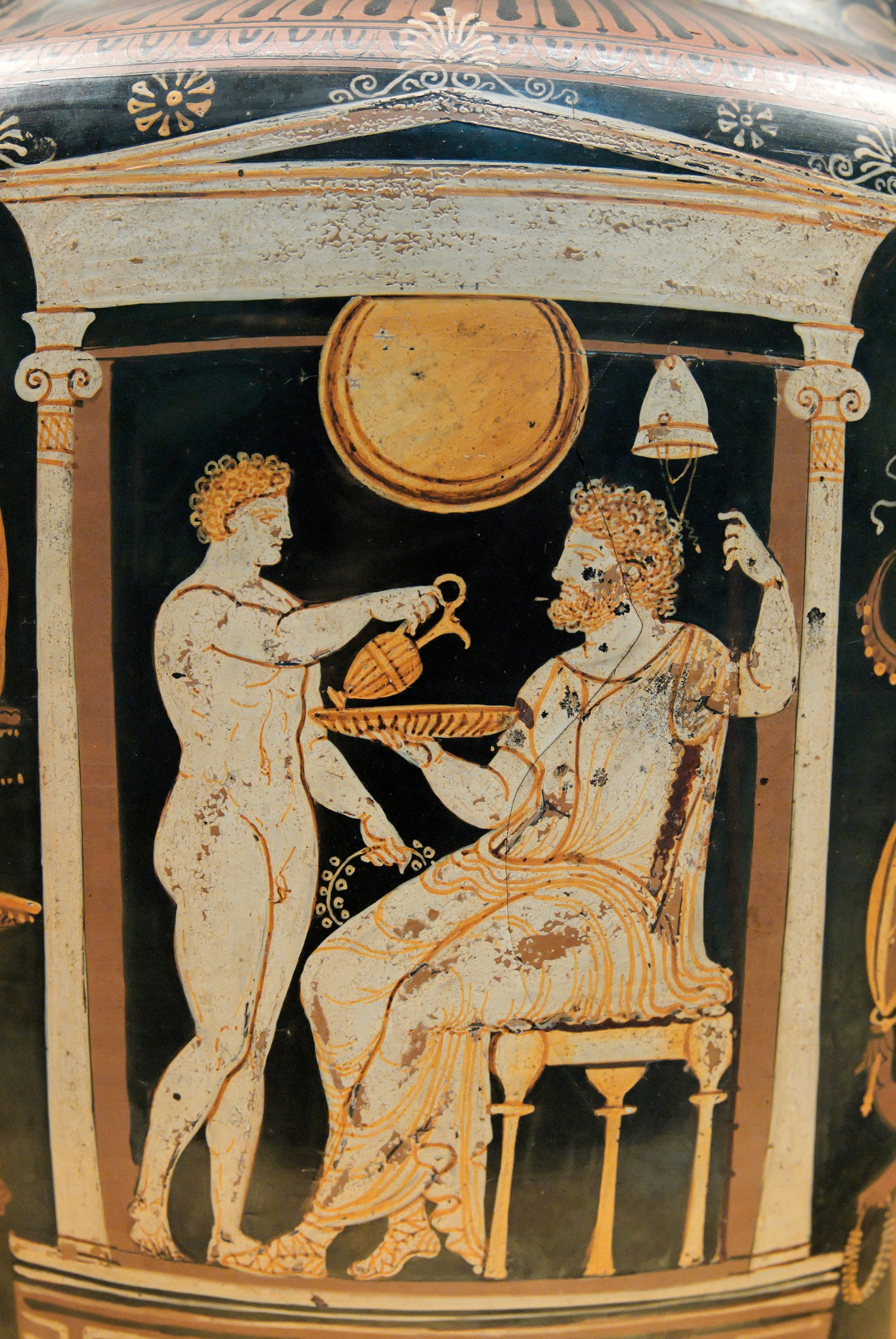 A libation poured into a patera; Apulian red-figure volute-krater pelike; Ganymedes Painter, 4th c. BCE
