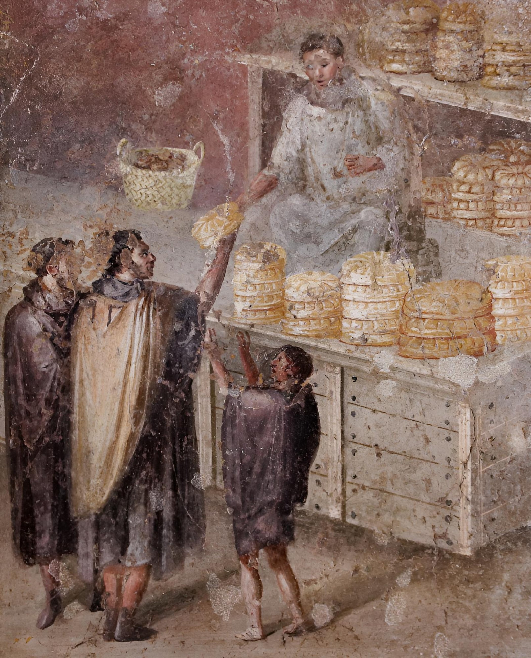 The sale of bread at a bakery, Roman Fresco, House of the Baker, Pompeii, Italy, 1st c. CE