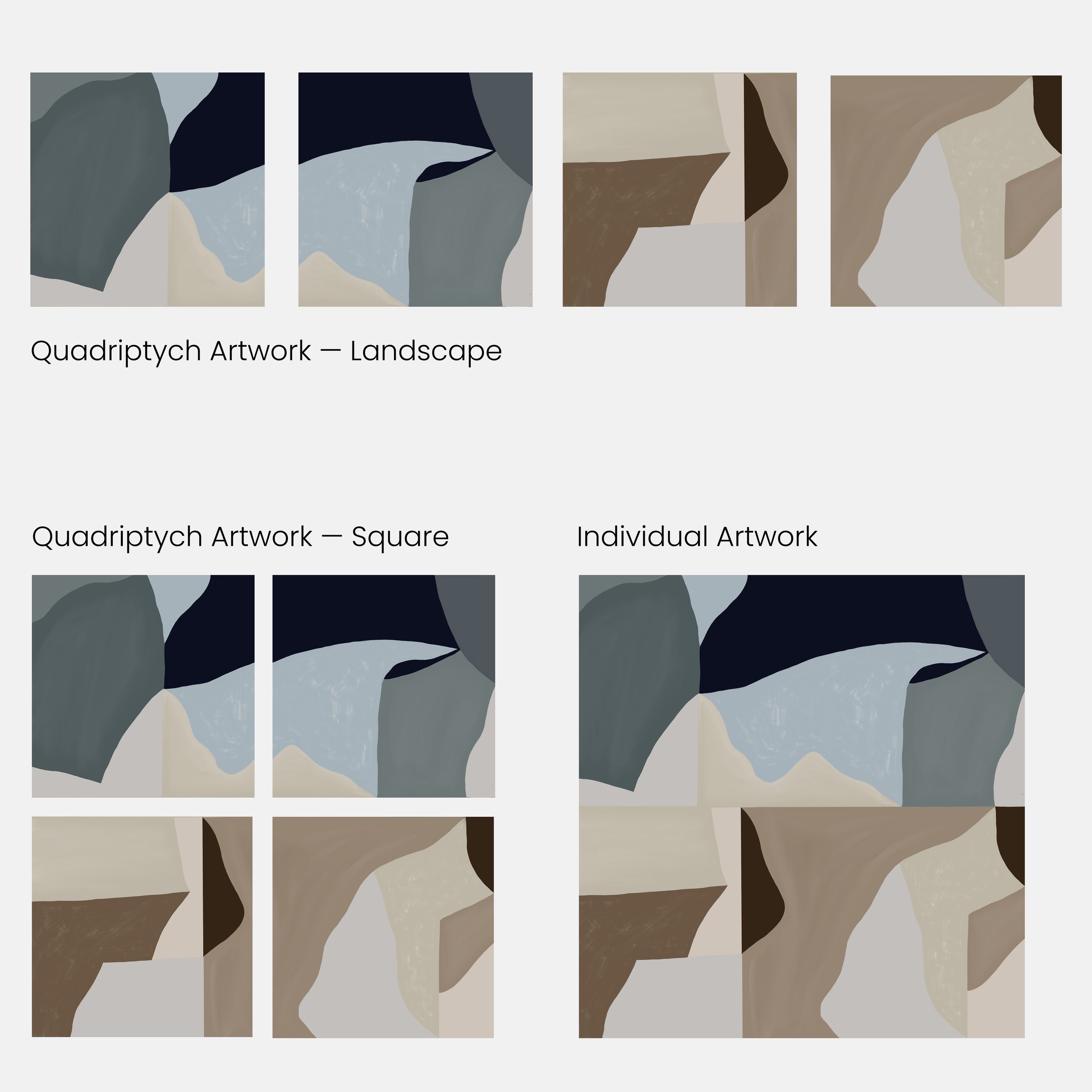 Different options of artwork by Laura Wickstead to show how the digital sketch can be made bespoke by modifying the design before painting on canvas.