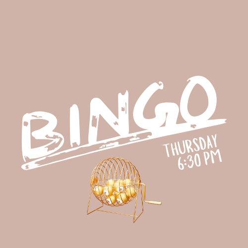 BINGO event on Thursdays at 6:30 PM, featuring a bingo cage with gold balls, on a beige background. Pulled Pork.