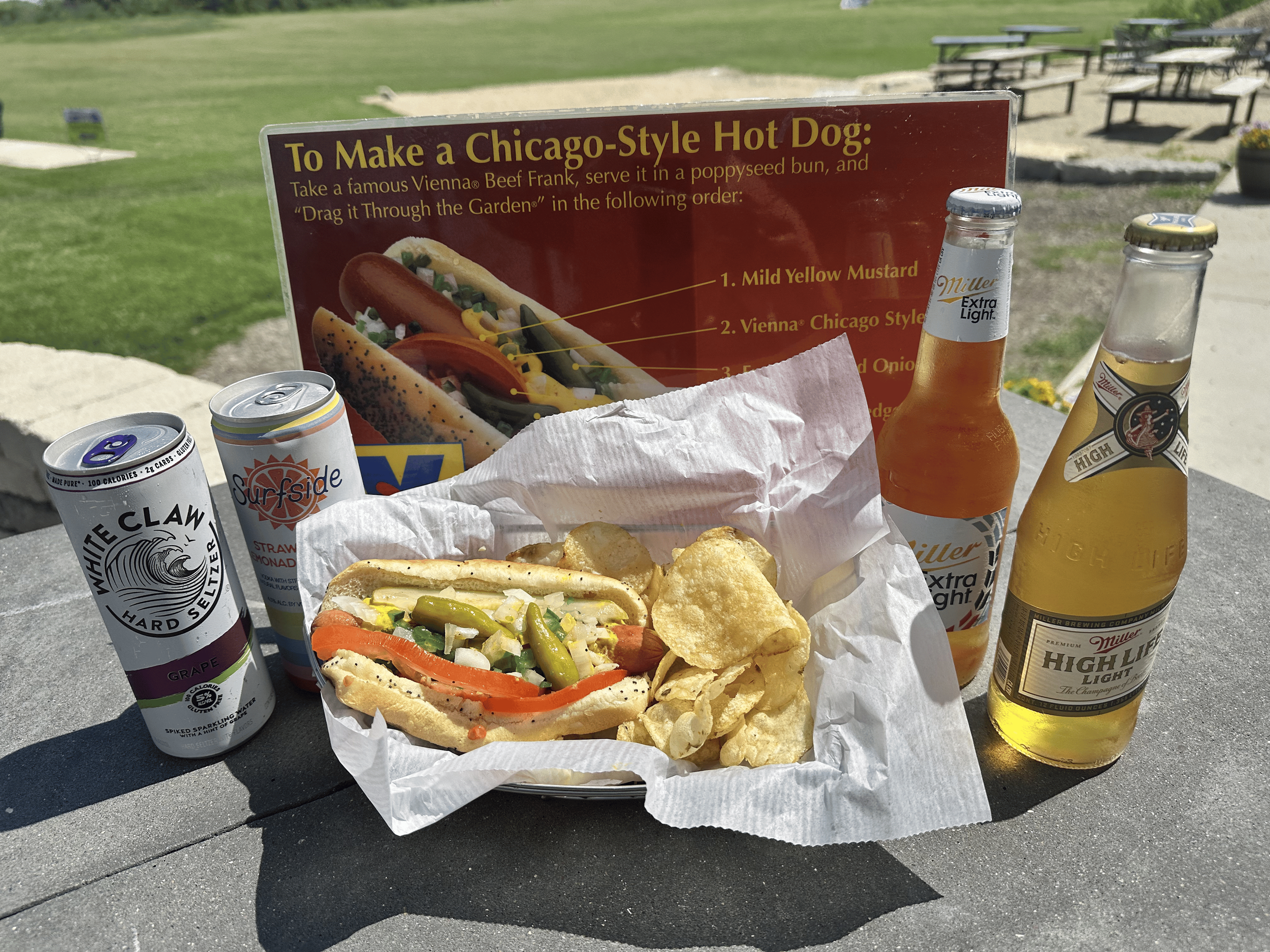 July $4.50 chicago dog and chips