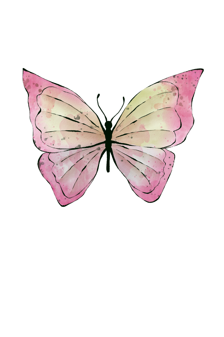 Watercolor illustration of a pink and cream butterfly with black outline and spots