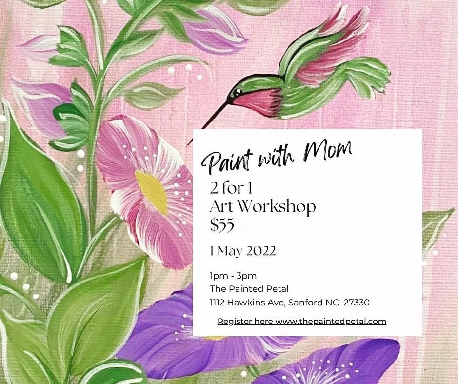 "Paint with Mom" or perhaps your sister, daughter, grandma, aunt, or your BFF.  This class is in honor of Mothers Day and that's the best reason of all to get together to celebrate and paint!
May 1st - 1:00pm - 3:00pm

Details and sign up h