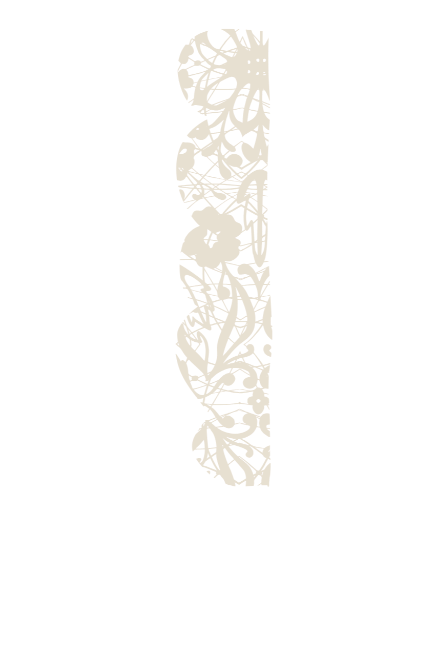 A vertical strip of cream-colored floral and botanical patterns on a black background.
