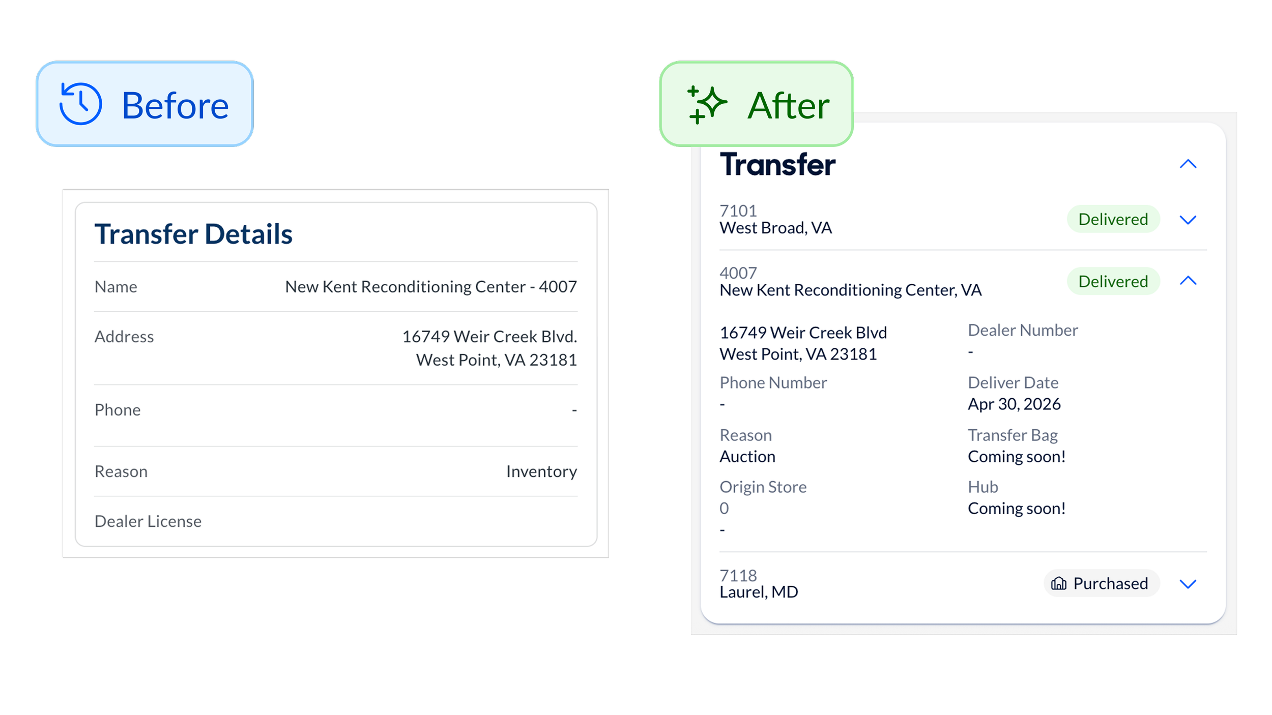 All the transfers, in one place
The new page shows a full transfer history rollup highlighting every store the car had moved through—not just the last transfer. Before, if a car had moved through eight stores and the title was left at store number th