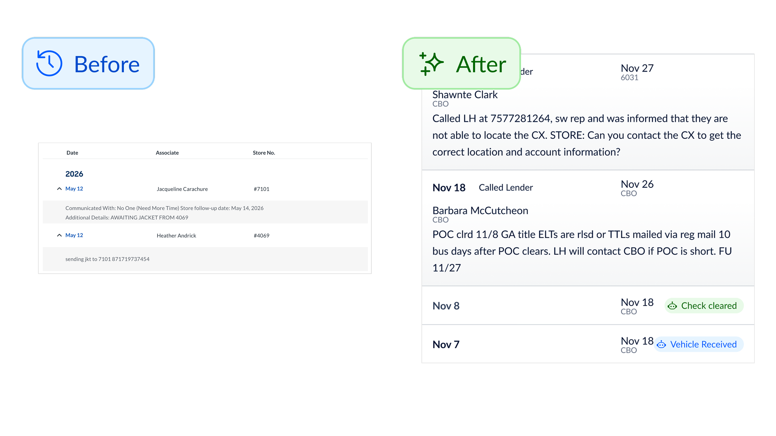 History & Notes: Signal Over Noise

The old history section was a mess. Updates from robots, updates from associates, updates from home office—all jumbled together in one long, confusing timeline. Associates couldn't tell who did what or when the nex