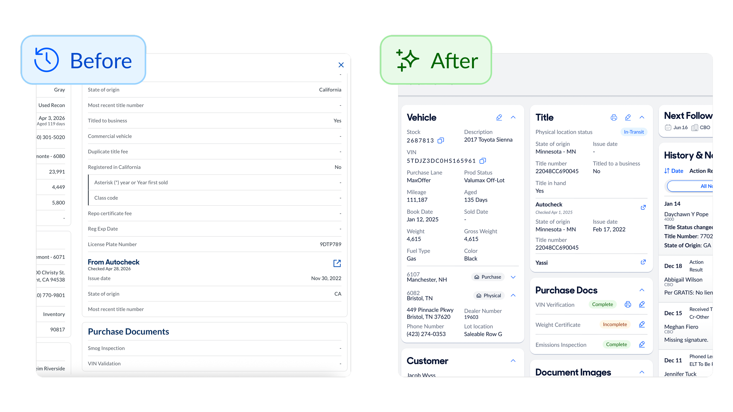 Purchase Docs: Clear Status, Easy to Find
In the old page, purchase documents were buried below the fold with no clear indication of whether they were complete or incomplete. Associates had to scroll, squint, and guess.
The new page surfaces purchase