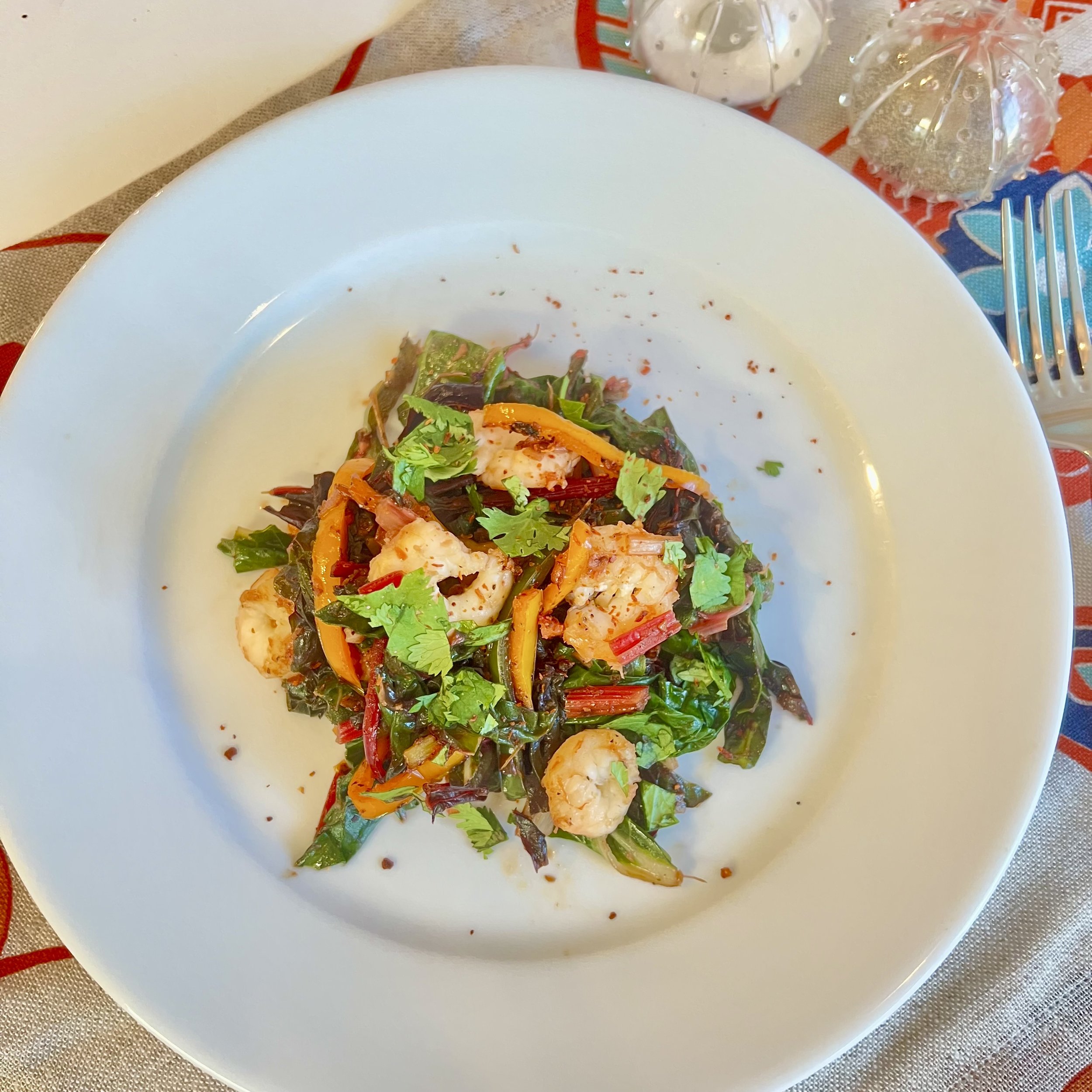Spicy Shrimp with Rainbow Chard, Ginger and Chili Peppers