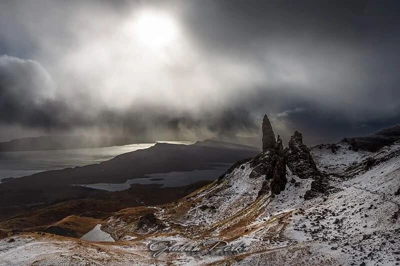 Back from my trip to the Isle of Skye, here is the old man of Storr, a 55-metre-high pinnacle of basalt rock which is all that remains of a 2,800-million-year-old volcanic plug.

On the hike up to this viewpoint I had rain, sleet, hail, sun, calm and