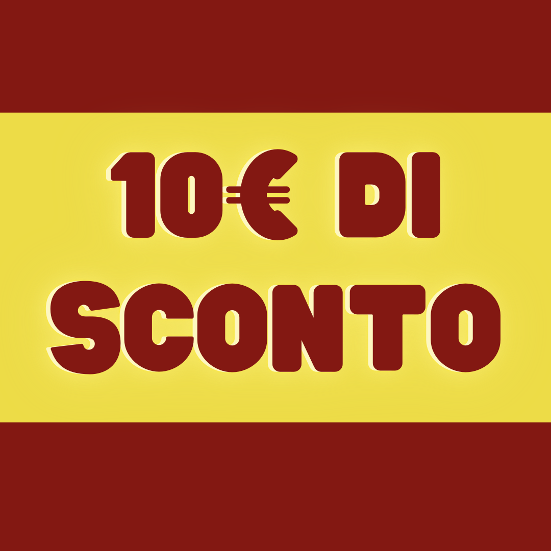 Cartello pubblicitario con sfondo giallo e margini marroni che annuncia uno sconto di 10 euro sui di.
