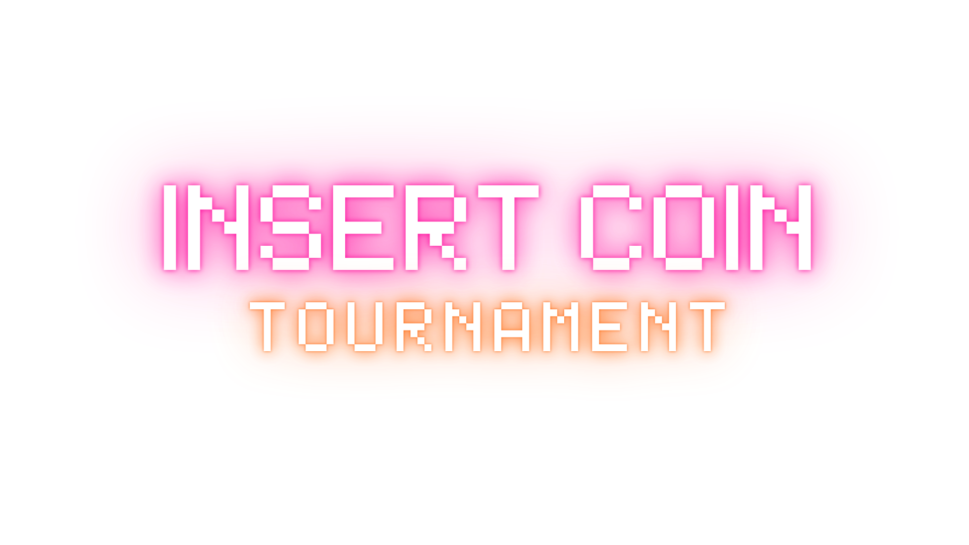 Logo luminoso con parole in stile pixel art che dice 'Insert Coin Tournament', sfondo nero con dettagli rosa, arancione e rosso.