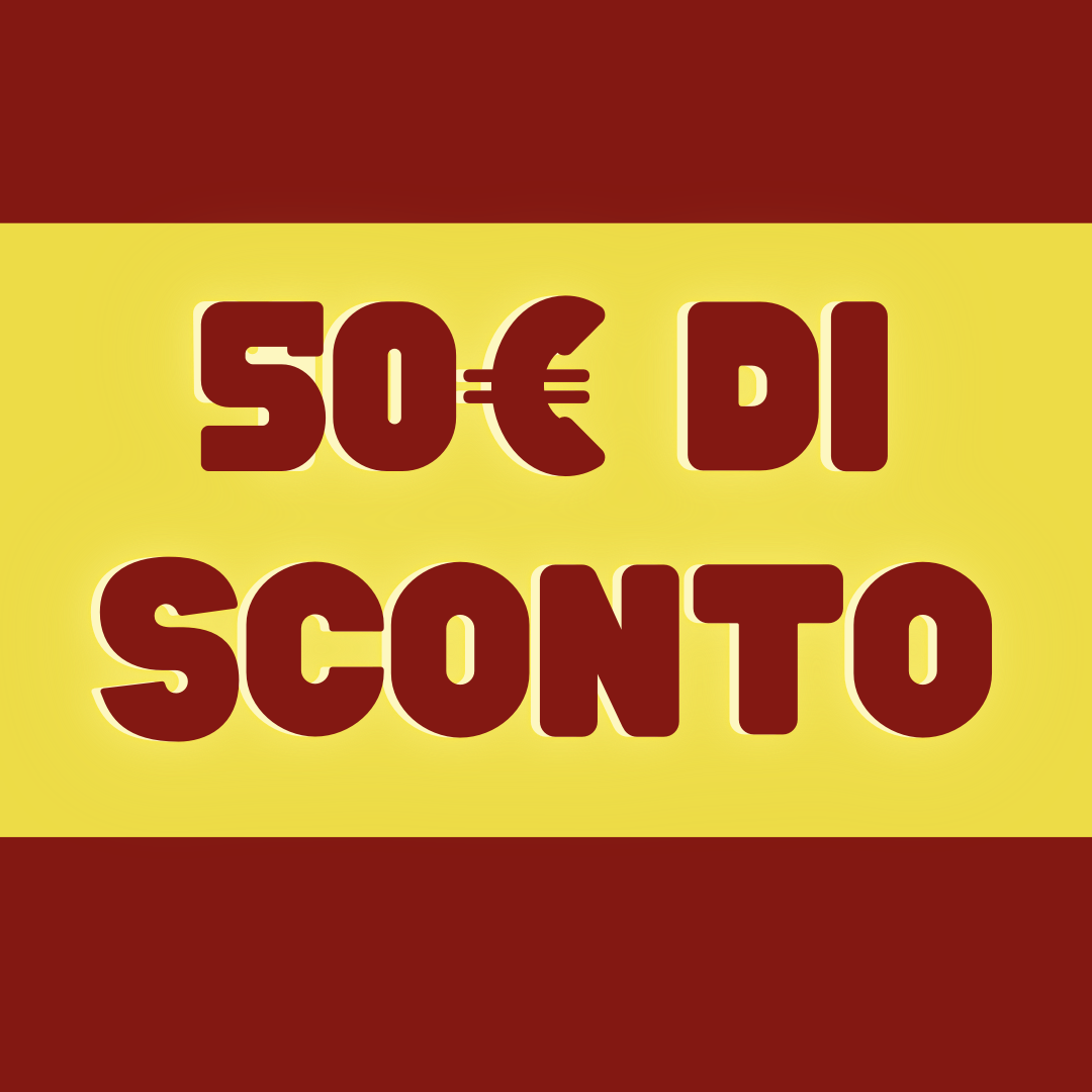 Sullo sfondo giallo con testo rosso scuro che dice '50€ DI SCONTO'.