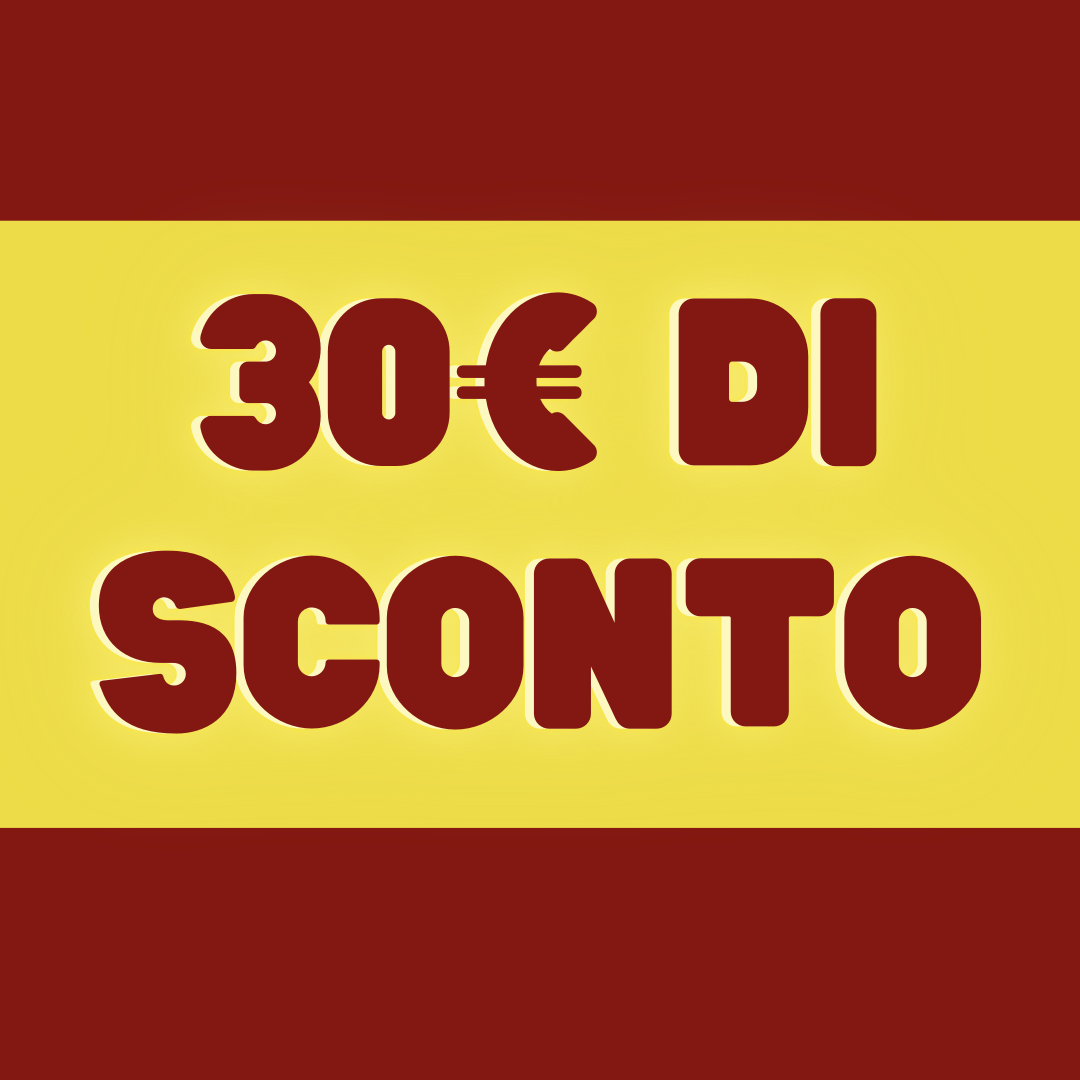Cartellone pubblicitario con sfondo giallo e rosso, che annuncia uno sconto di 30 euro, scritto con caratteri grandi e bold.