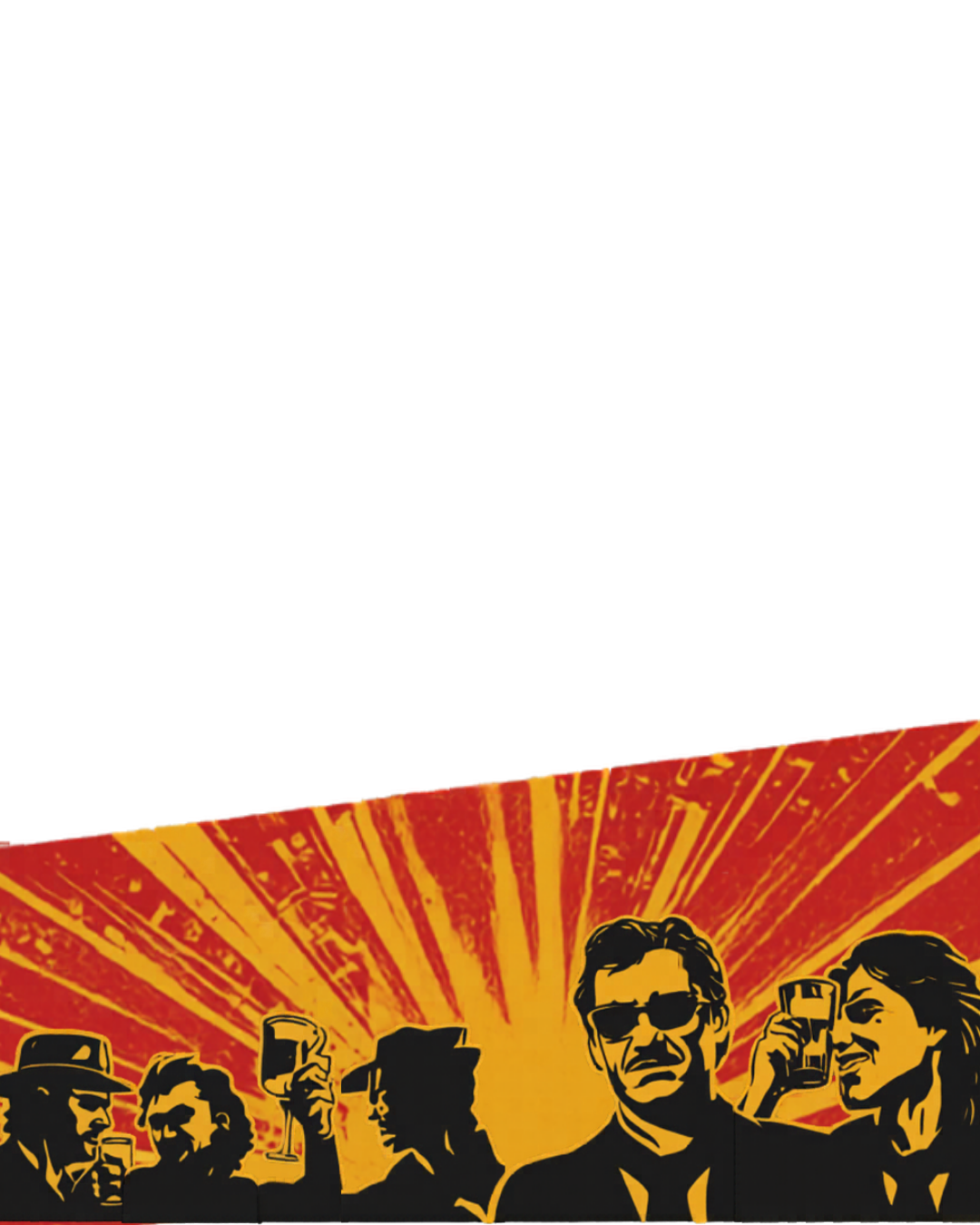 Illustrazione in stile pop art con cinque persone che tengono bicchieri e uno che indossa occhiali da sole, sfondo rosso e giallo con raggi che emanano dal centro.