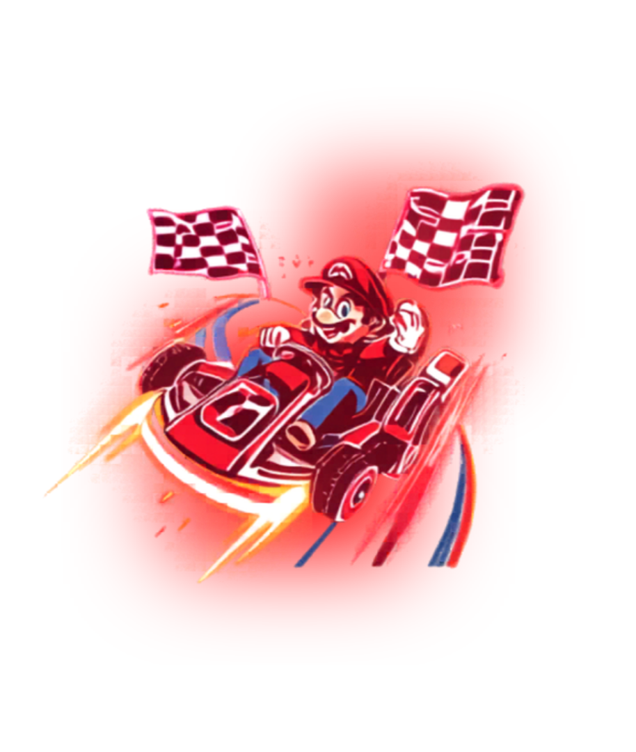 Immagine di Super Mario in una macchina da corsa con bandiere a scacchi, sfondo rosso e elementi dinamici.