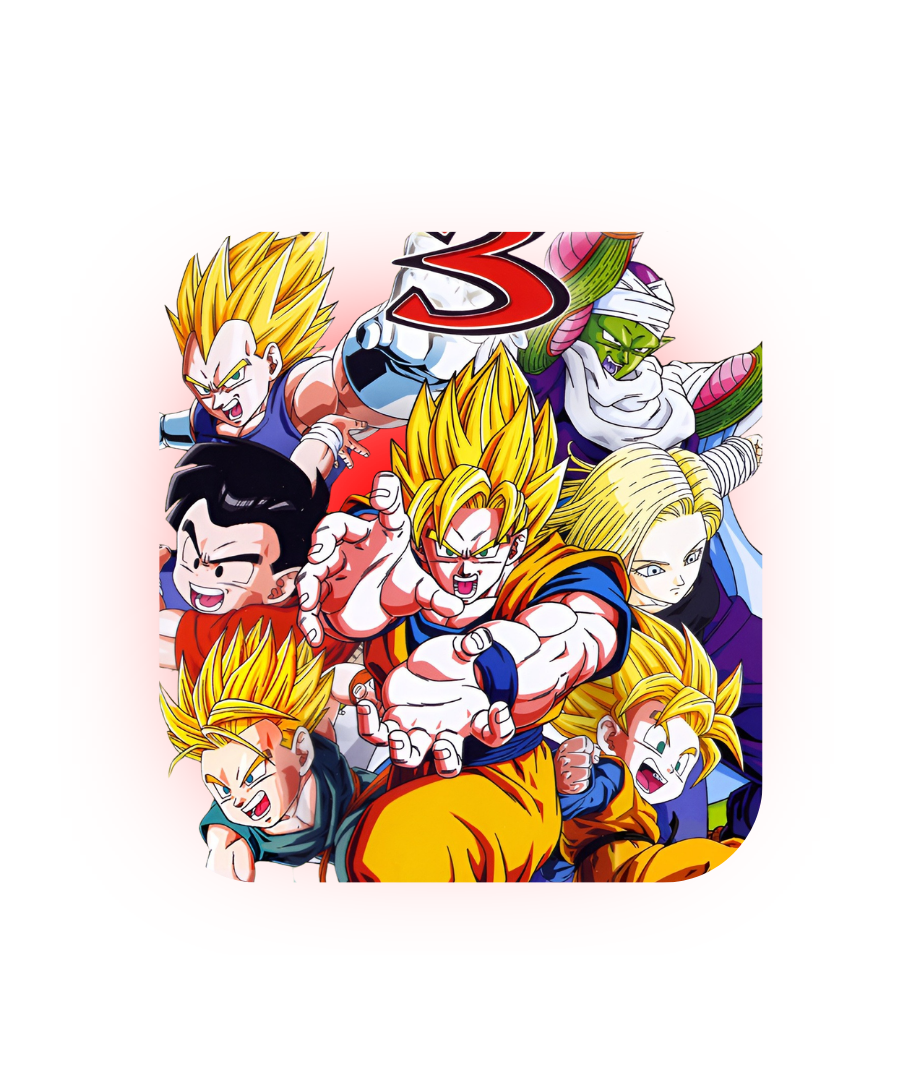 Illustrazione dei personaggi principali di Dragon Ball in stile cartone animato con sfondo rosso.