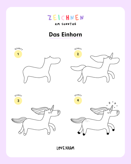  Einhorn zeichnen für Anfänger - ganz einfache Schritt für Schritt Motiv 