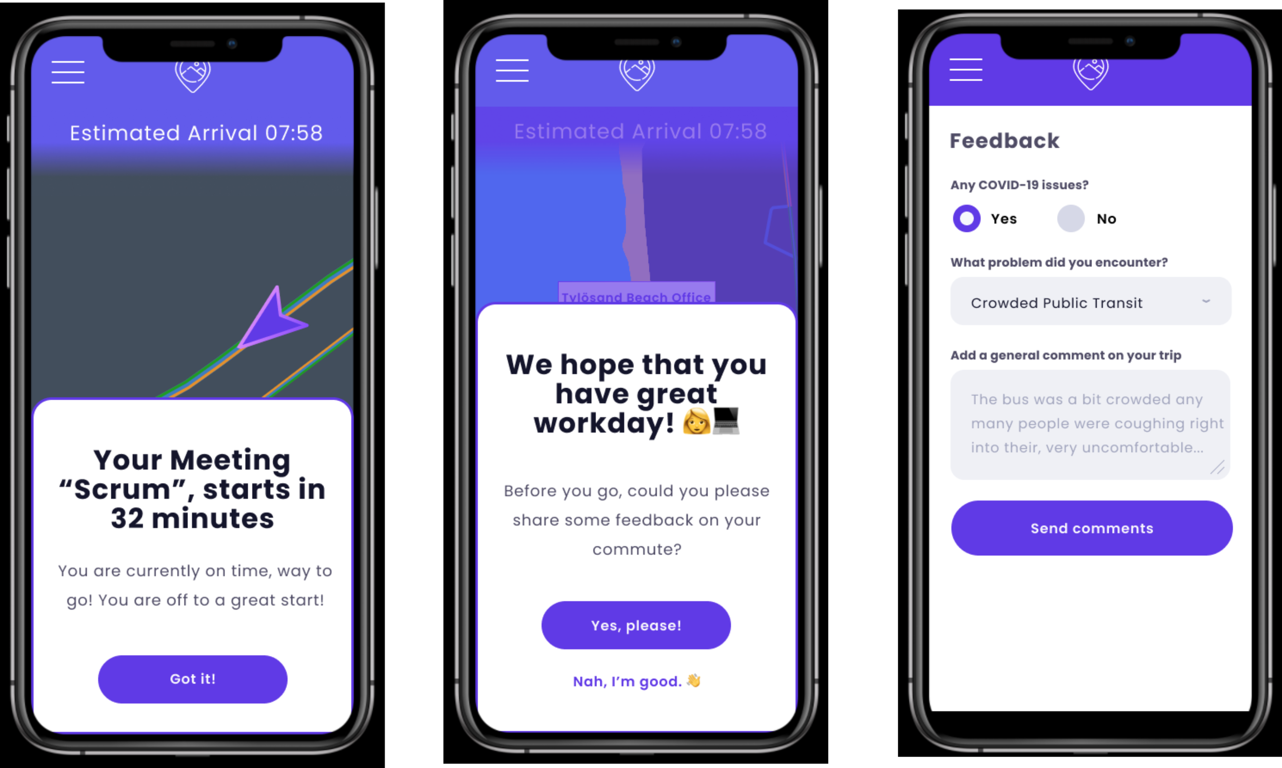 Prototype Screens showing active navigation and providing live data to the user.