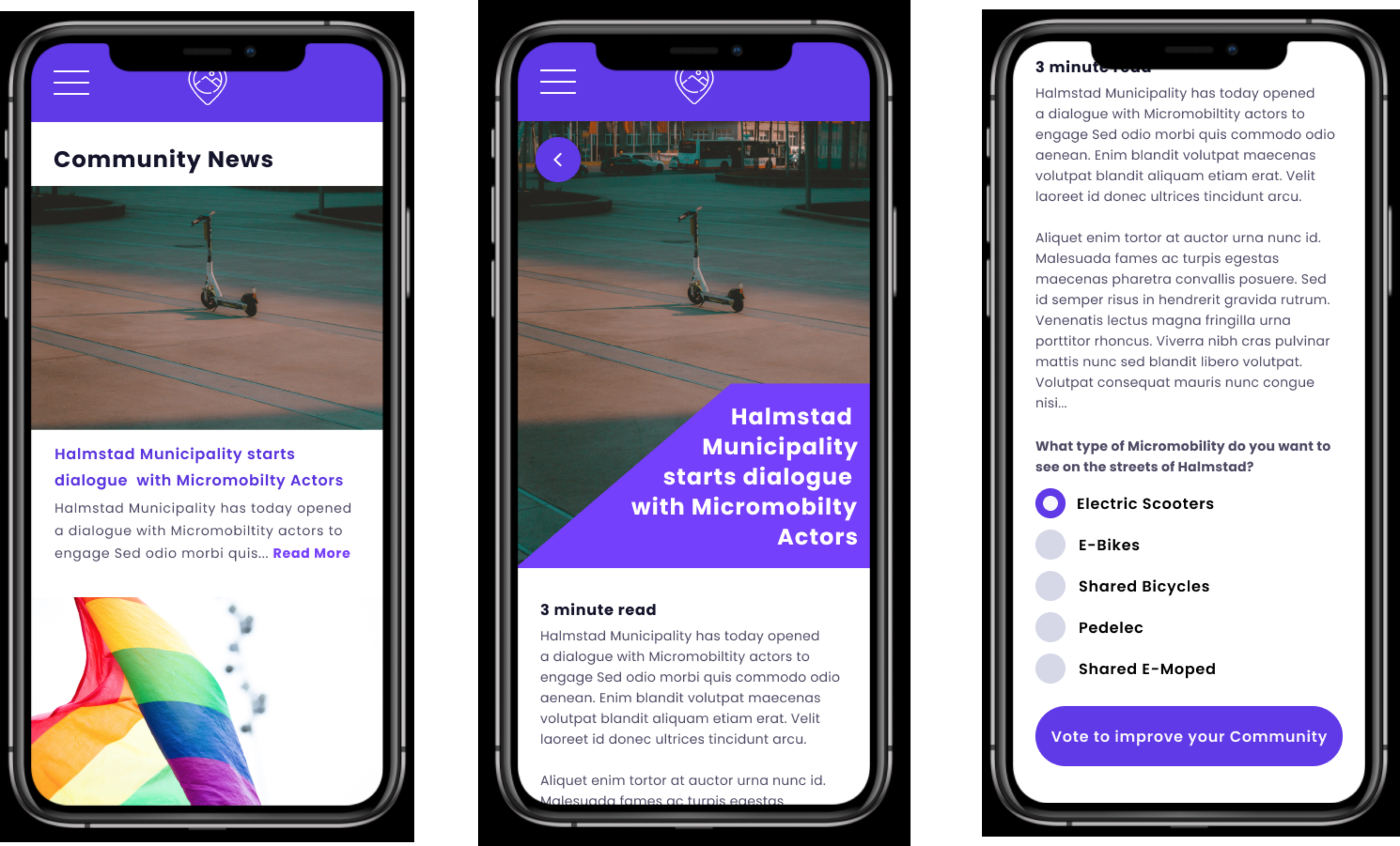 Prototype Screens showing community news about mobility.