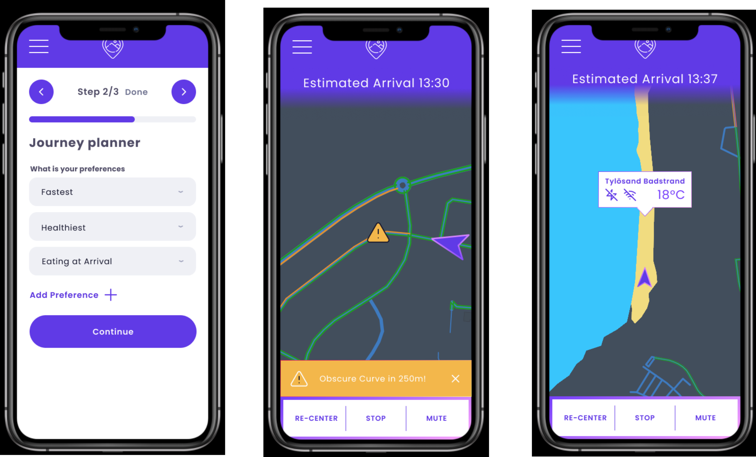 Prototype Screens showing journey planning and journey events.