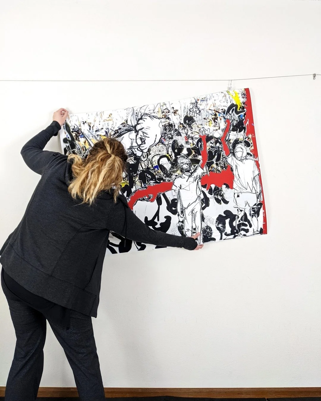 More focus on the drawn elements in this work.  And the photos of me hanging this print somehow seem to work with the lines and angles in the print. 

Mixed media print, 34 by 44 inches
#contemporaryartist #protestart #printmaking