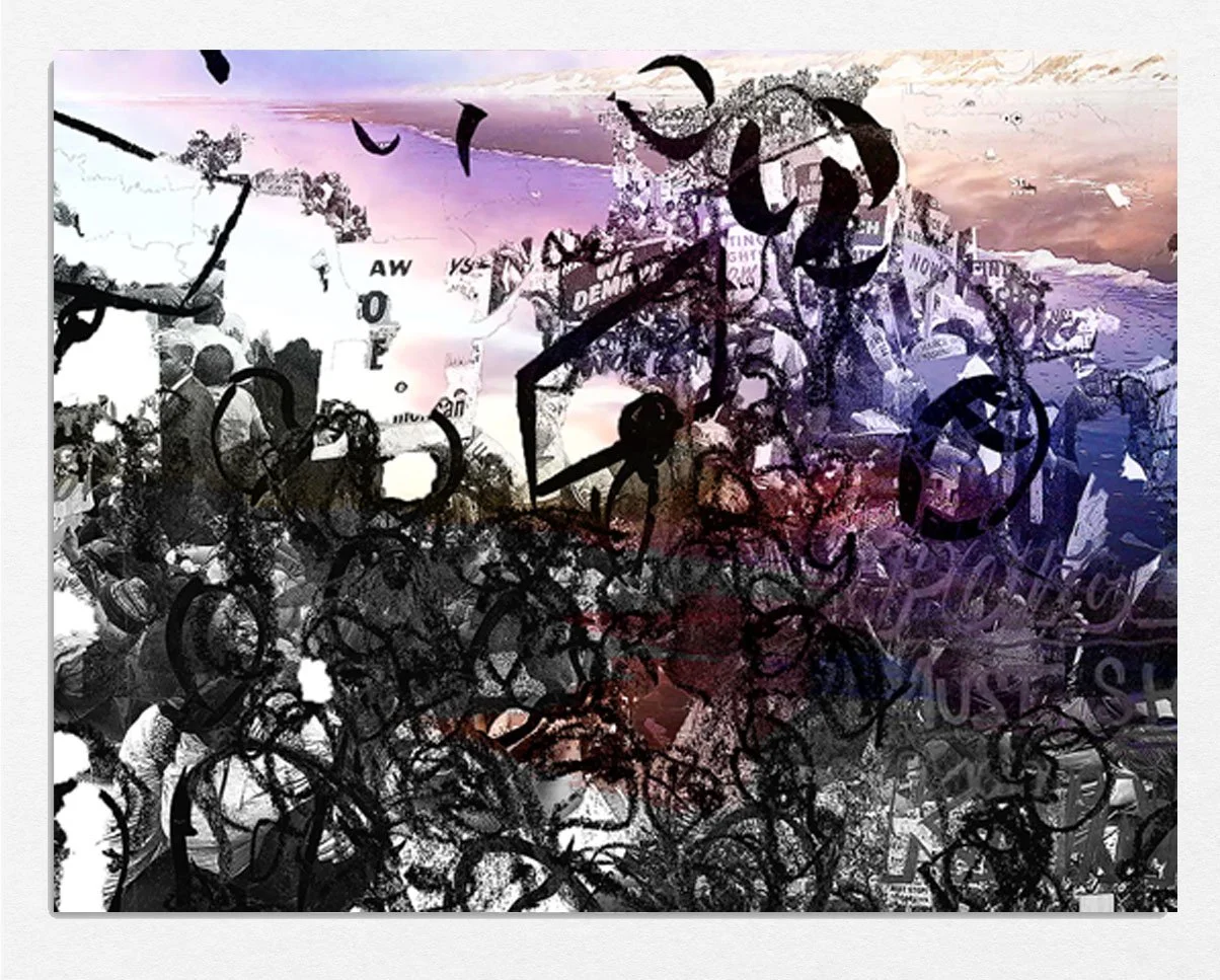 Protest + pink, 
2022, 
iris print acrylic and lithographic crayon,
21 x 27 in
