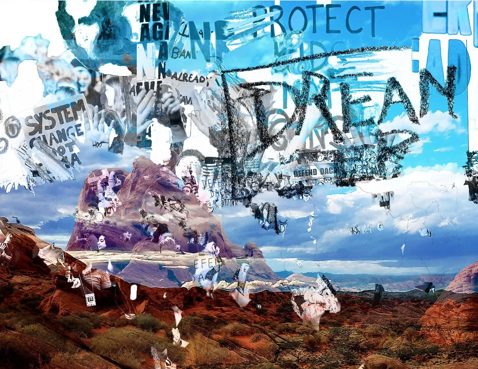 Protest + blue,
2022,
iris print, acrylic and lithographic crayon,
21 x 27 inches