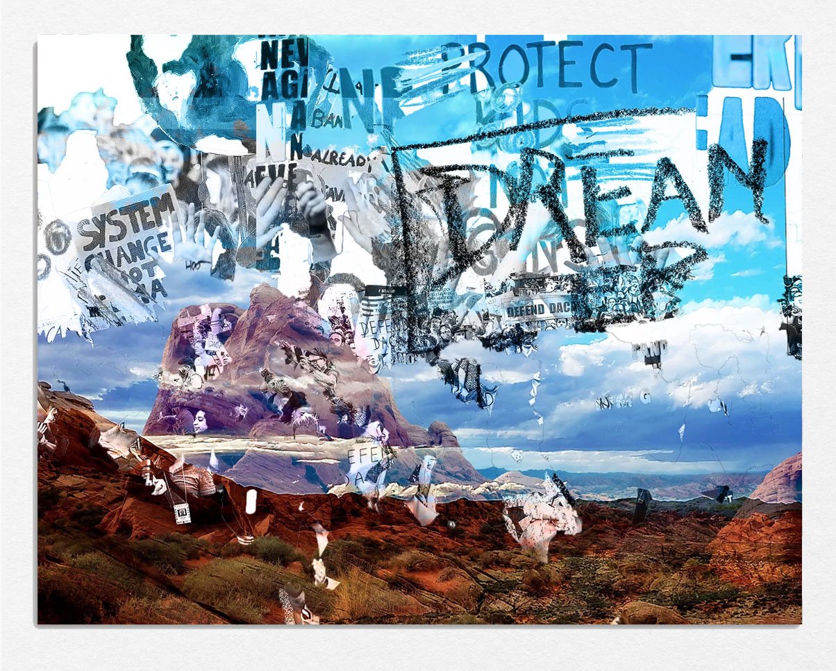 Protest + blue, 
2022, 
iris print acrylic and lithographic crayon,
21 x 27 in