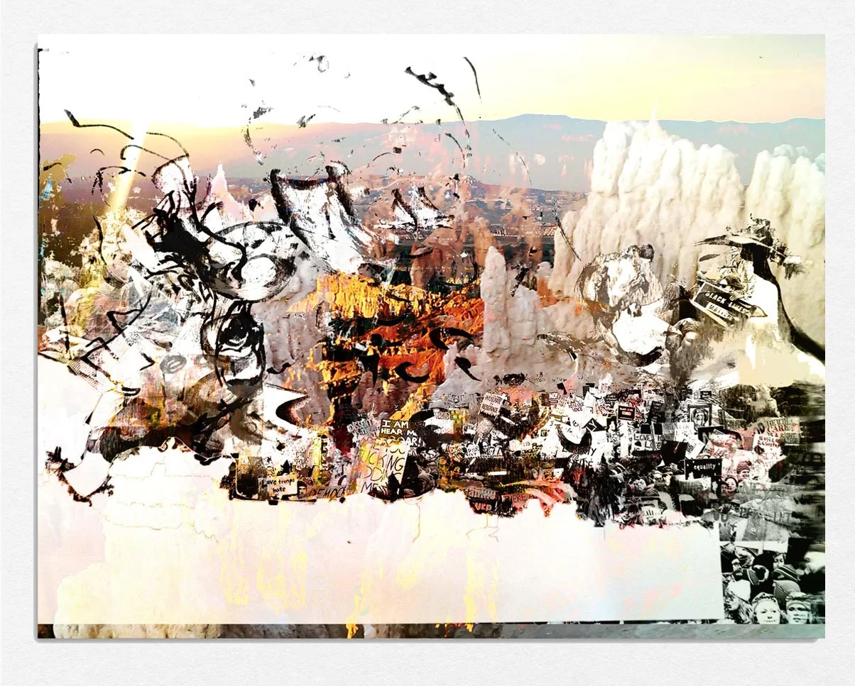Protest + yellow, 
2022, 
iris print acrylic and lithographic crayon,
21 x 27 in