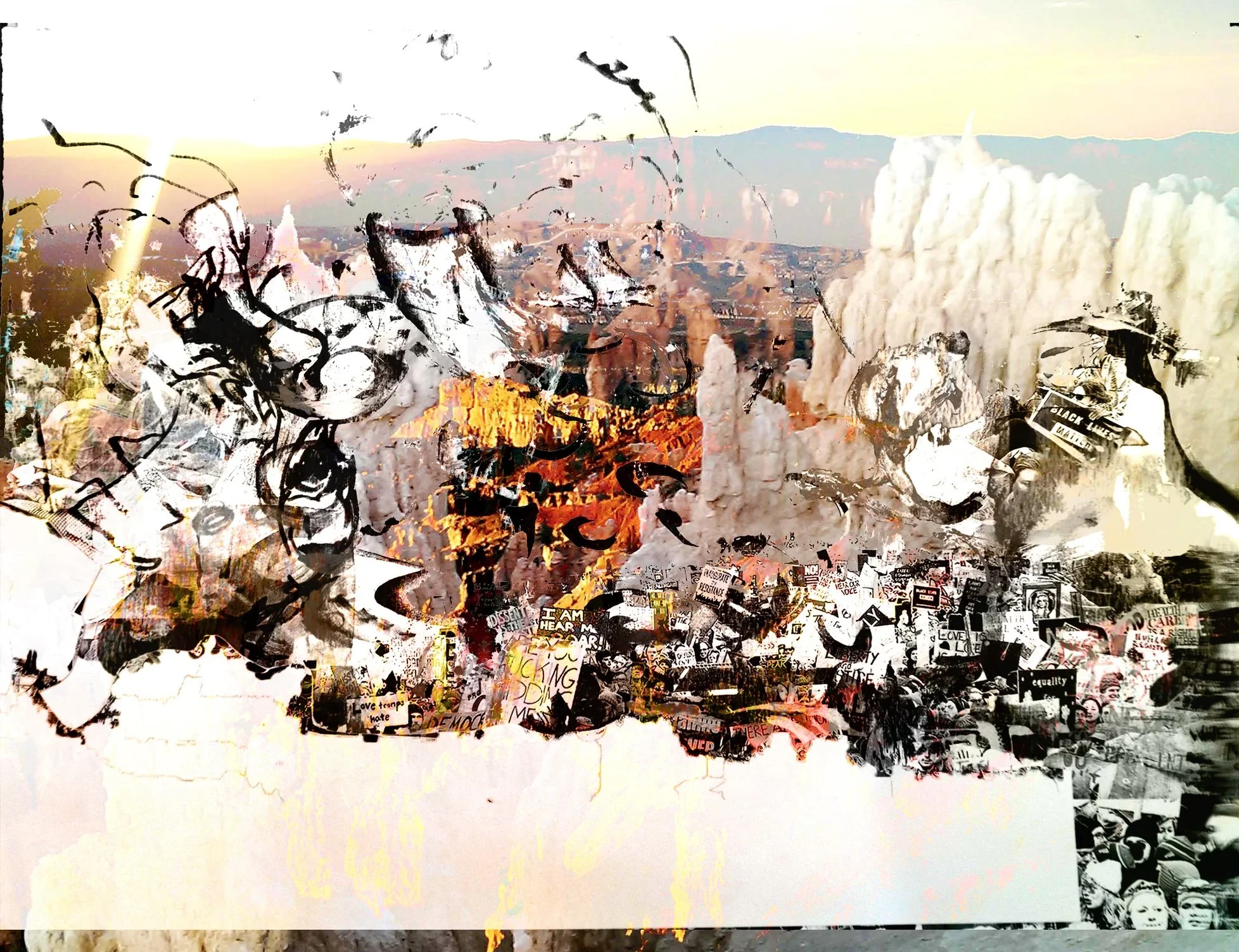 Protest + yellow,
2022,
iris print, acrylic and lithographic crayon,
21 x 27 inches