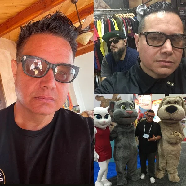 A collage of three photos featuring two men wearing sunglasses, with another man in the background of the top right image. The bottom photo shows one of the men with two people in cat and dog costumes and a dog costume, at a convention or event.