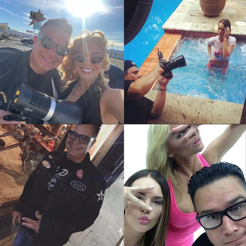 Collage of four images: top-left shows two smiling people in sunglasses outdoors, top-right shows a photographer taking a picture of a woman in a pool, bottom-left features a man in a racing jacket outdoors, bottom-right shows three women making peace signs and posing.
