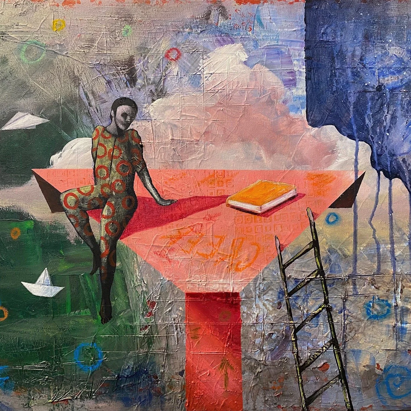 David Acevedo, Barquito de Papel. 2022. Acrylic and Oil Pastel on Canvas.