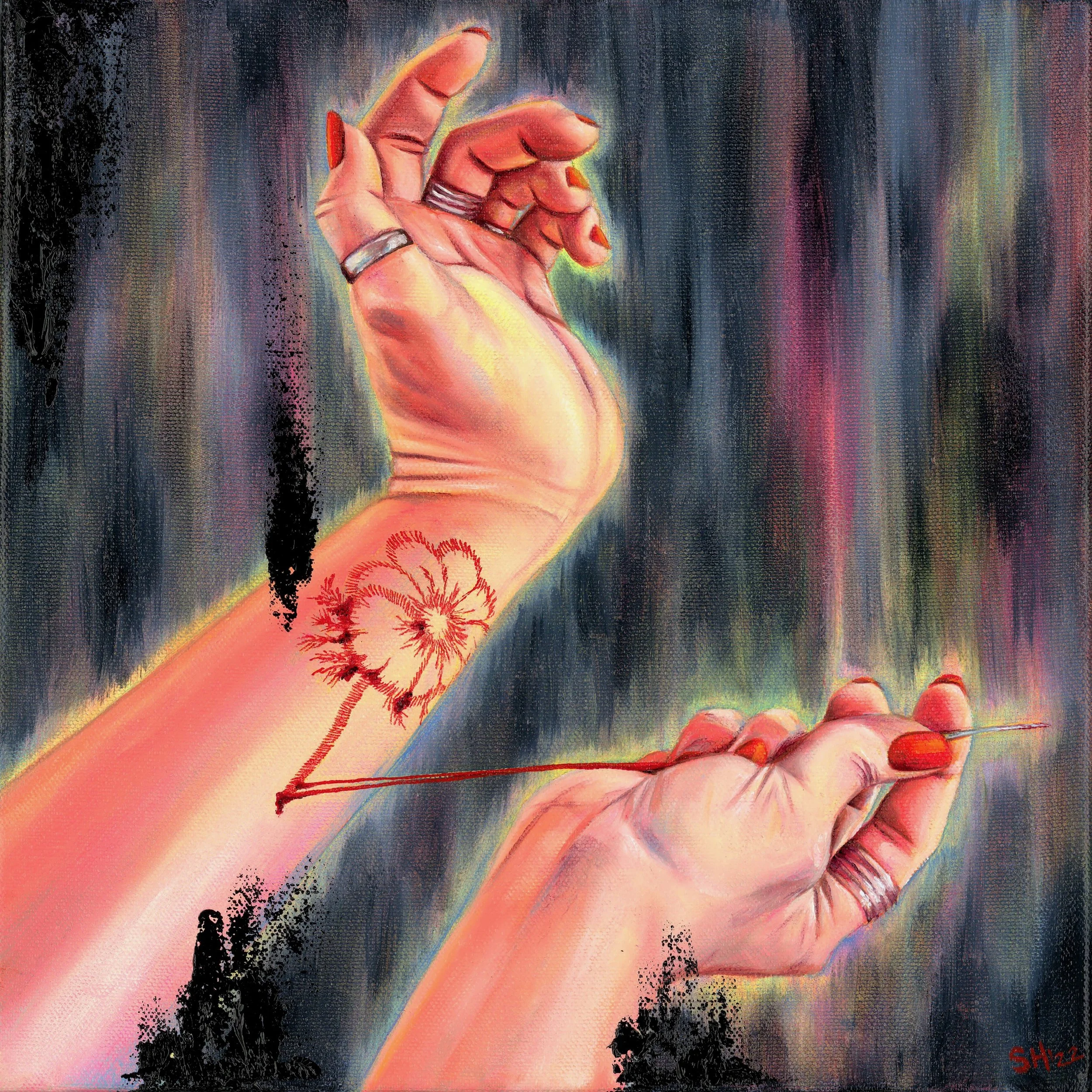 Sarah Lynne Hunter, A Stitch In Time Saves Nine. 2022. Oil and Acrylic on Canvas.