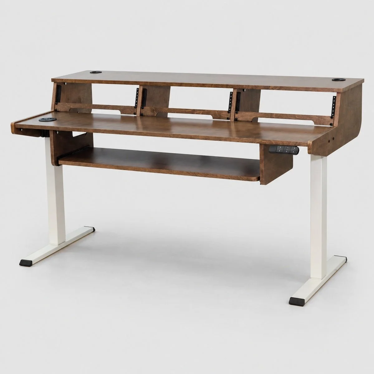 Tamagotchi Dark Walnut sit/stand 3-bay recording studio desk with electric lift and white frame — Gear Hive
