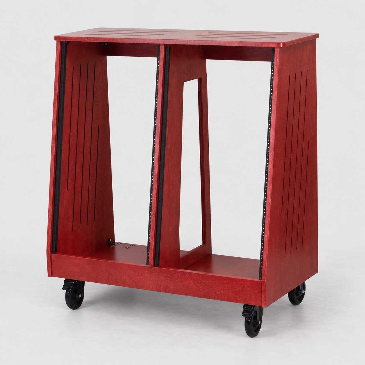 Dual slanted Barn Red 2x18U wood studio rack with side vents and casters — Gear Hive Traditional Racks