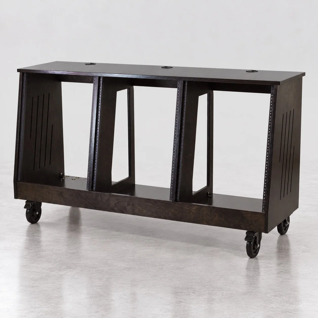 Triple slanted Classic Black 3x16U large-format wood studio rack with side vents and casters — Gear Hive Traditional Racks