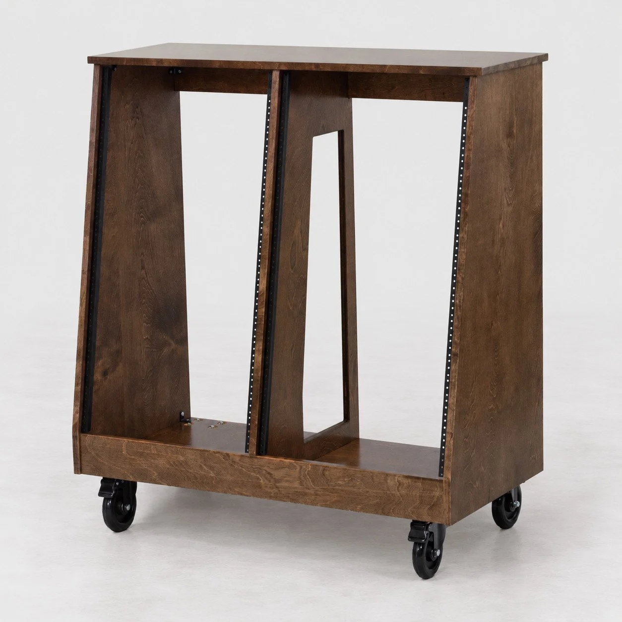 Dual slanted Espresso 2x18U wood studio rack with casters — Gear Hive Traditional Racks