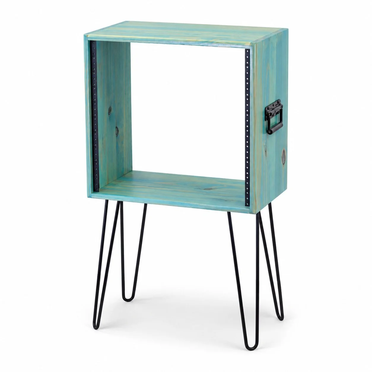 Vintage Aqua solid wood studio rack 10U with handles and 16" hairpin legs — Gear Hive Classic Collection