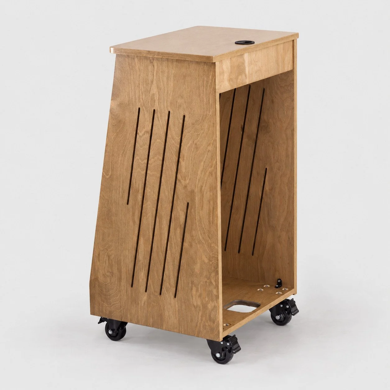 Single slanted Western Oak 16U wood studio rack with side vents and casters rear view — Gear Hive Traditional Racks