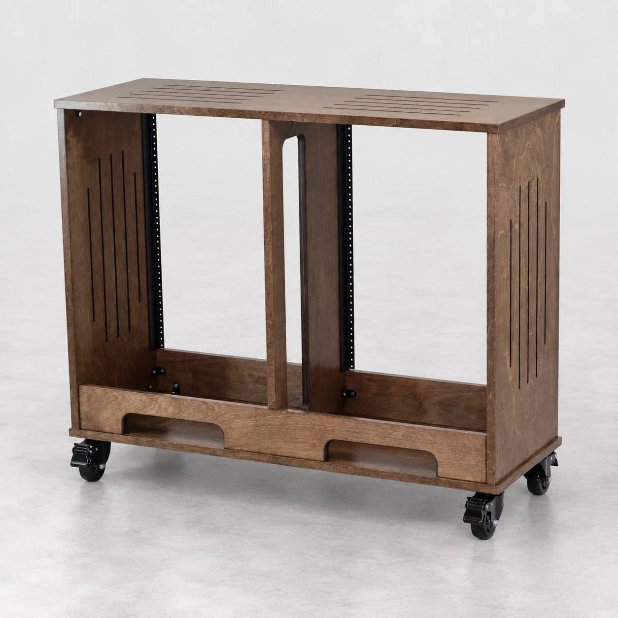 Dual straight Espresso large 2x16U wood studio rack with top + side vents and casters rear view— Gear Hive Traditional Racks