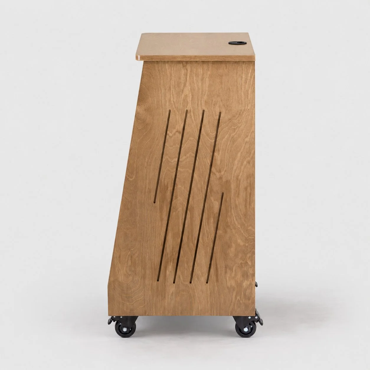 Single slanted Western Oak 16U wood studio rack with side vents and casters side view — Gear Hive Traditional Racks