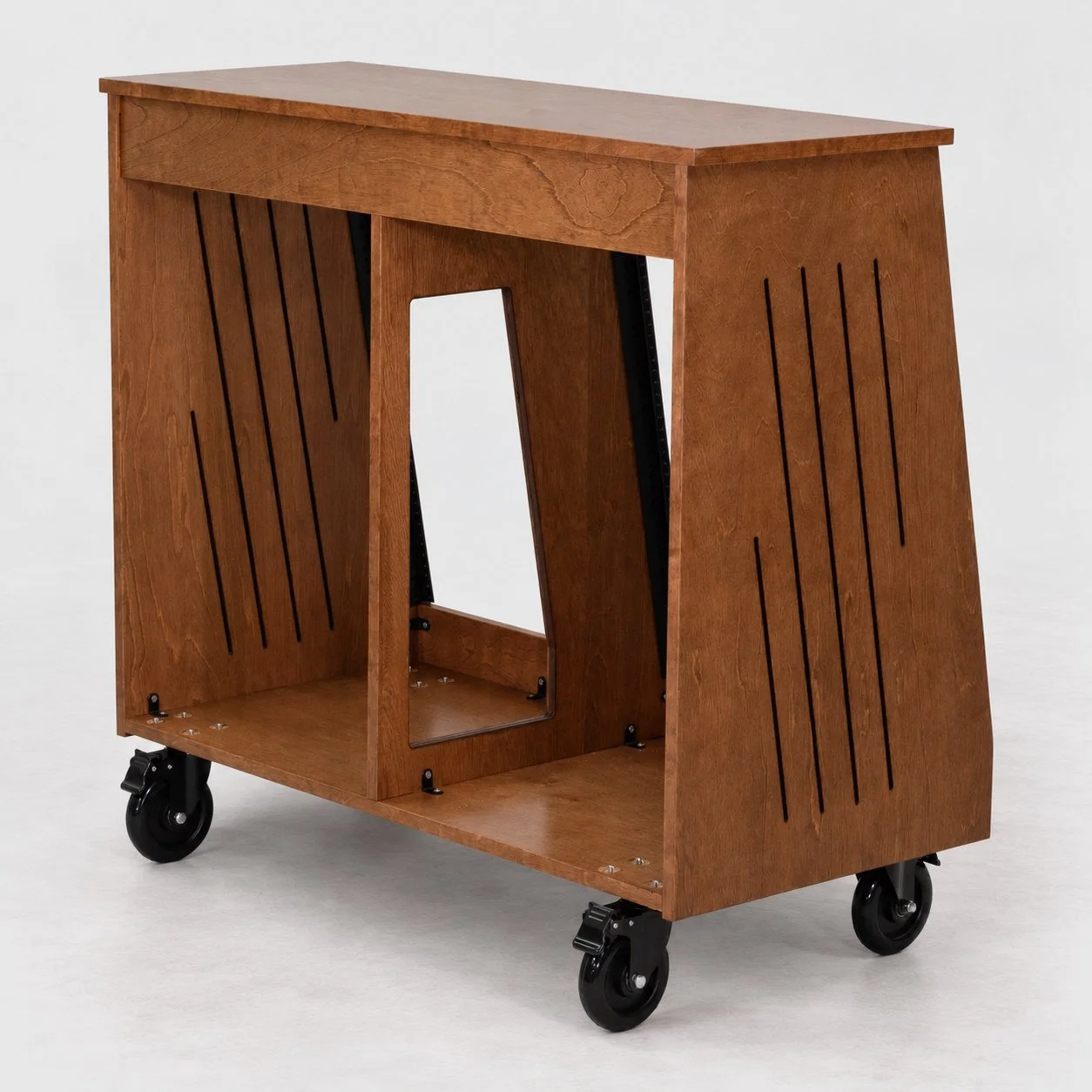 Dual slanted Dark Walnut 2x16U wood studio rack with side vents and casters rear view — Gear Hive Traditional Racks