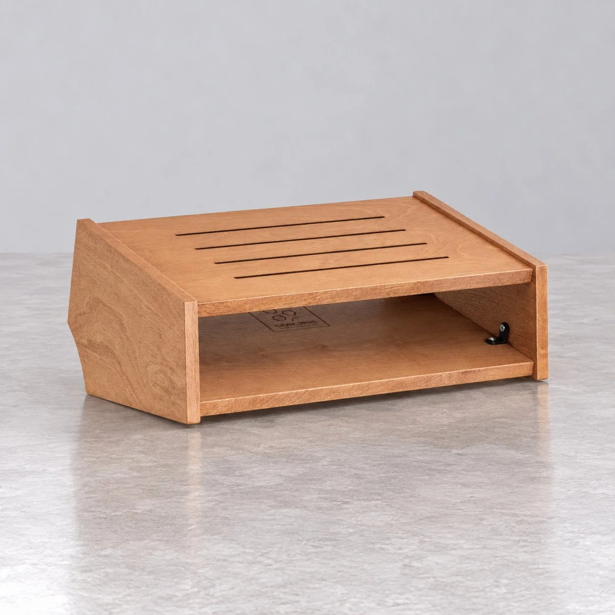 Single slanted turret American Walnut 2U compact wood studio rack rear view — Gear Hive Traditional Racks