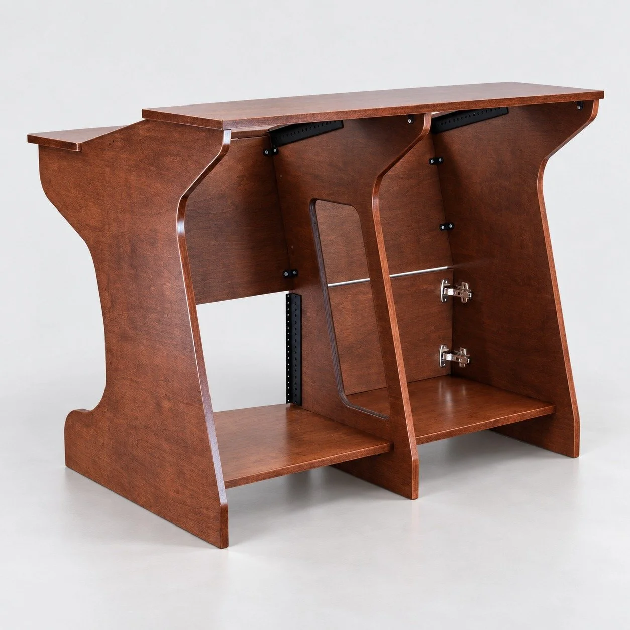 London 2 Carrington recording studio desk with rack bays and monitor bridge and one door rear view — Gear Hive
